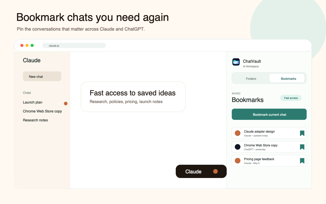 ChatVault AI bookmarks for Claude and ChatGPT conversations