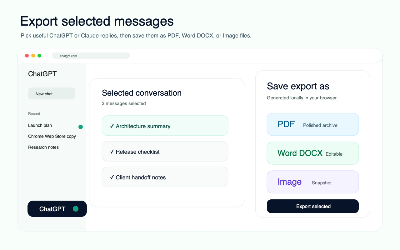 ChatVault AI selected message export formats