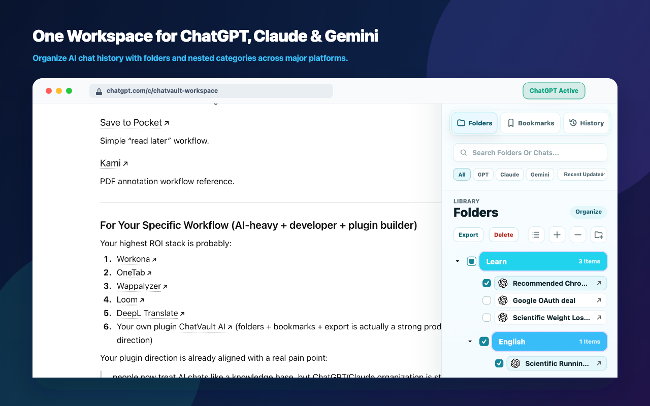 ChatVault AI workspace for ChatGPT, Claude, and Gemini