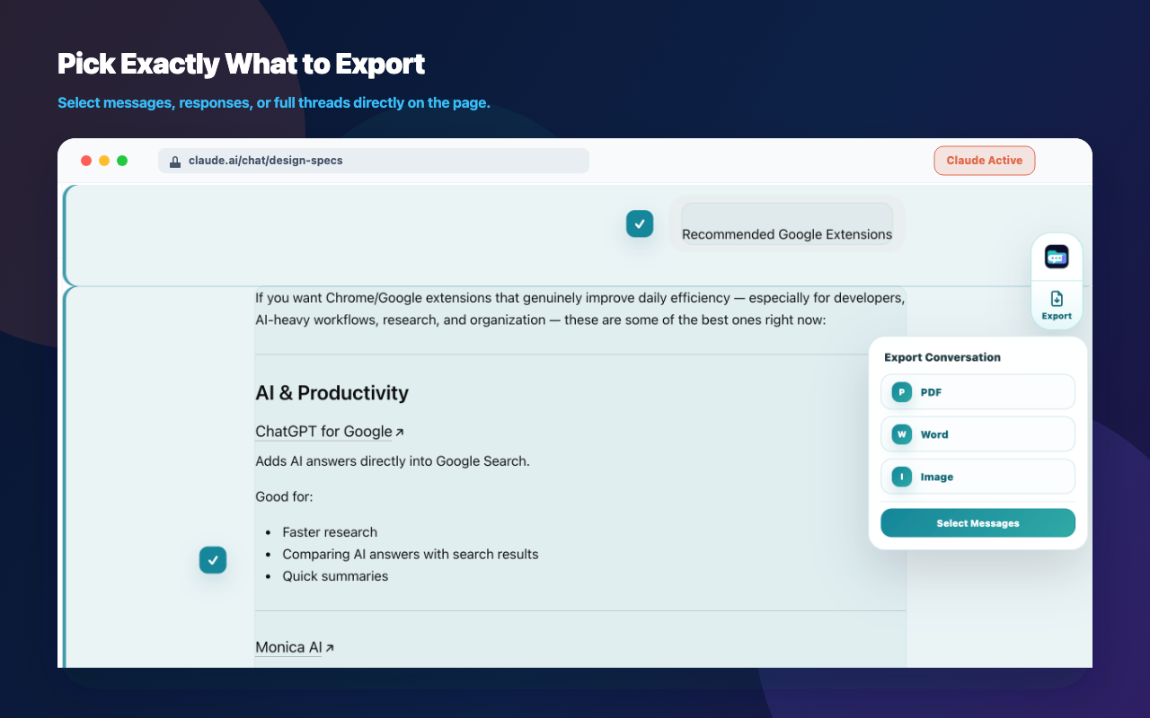 ChatVault AI selected message export