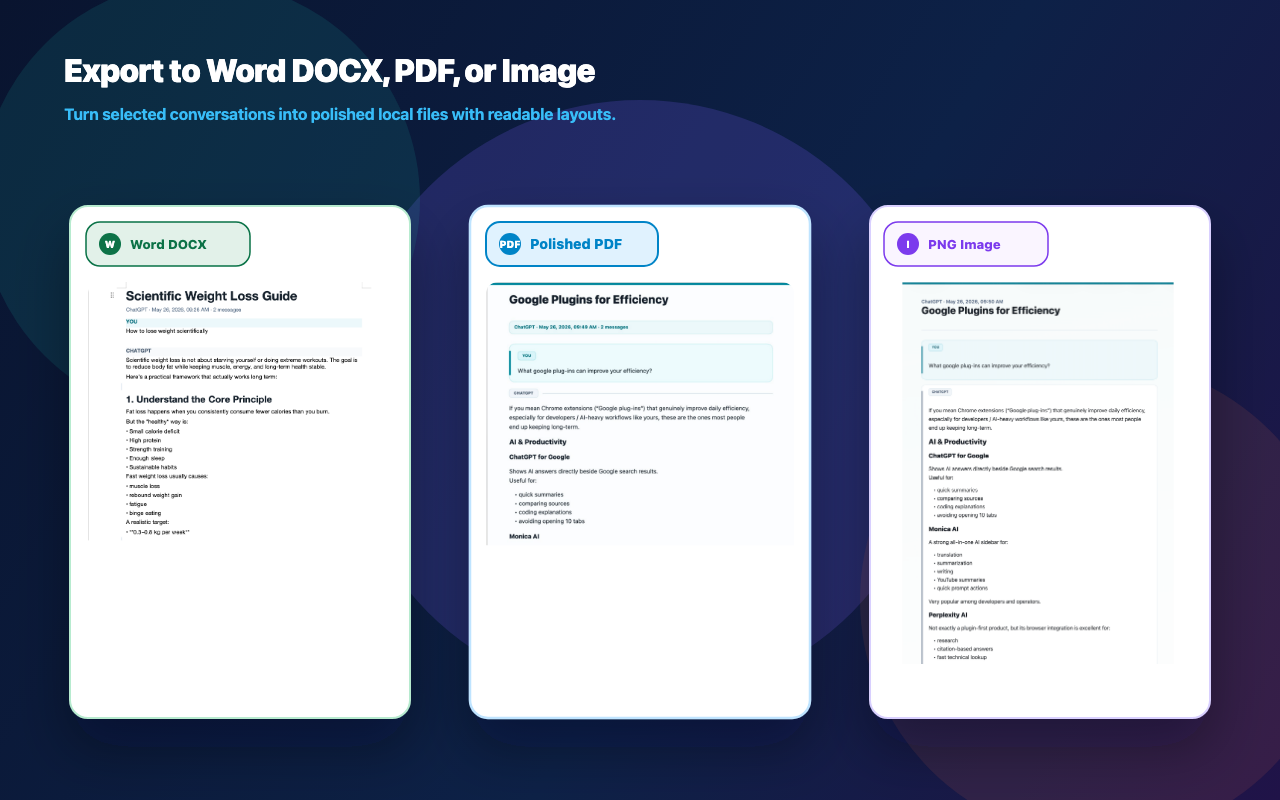 ChatVault AI export preview for Word, PDF, and Image files