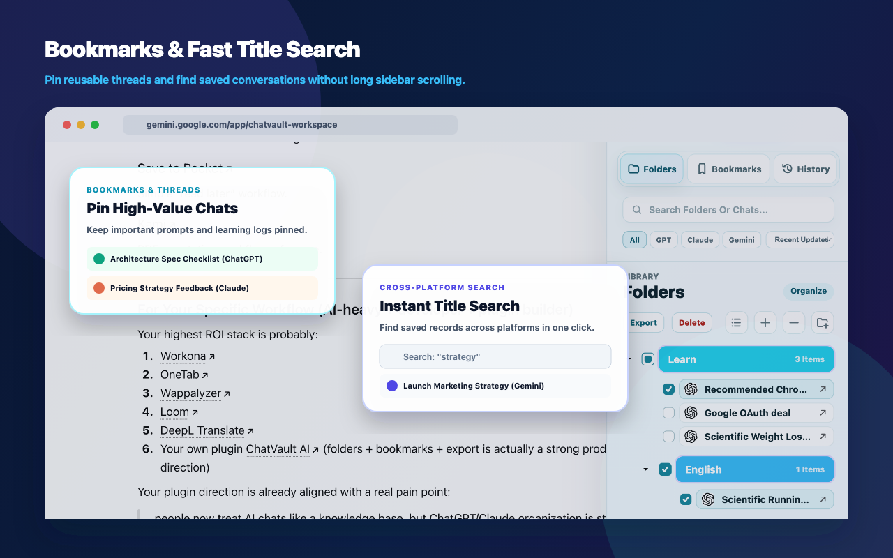 ChatVault AI bookmarks and title search
