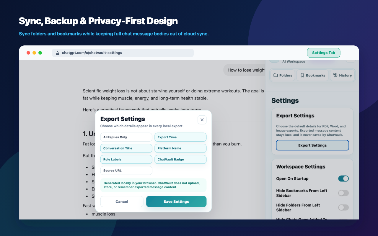 ChatVault AI sync backup and privacy overview